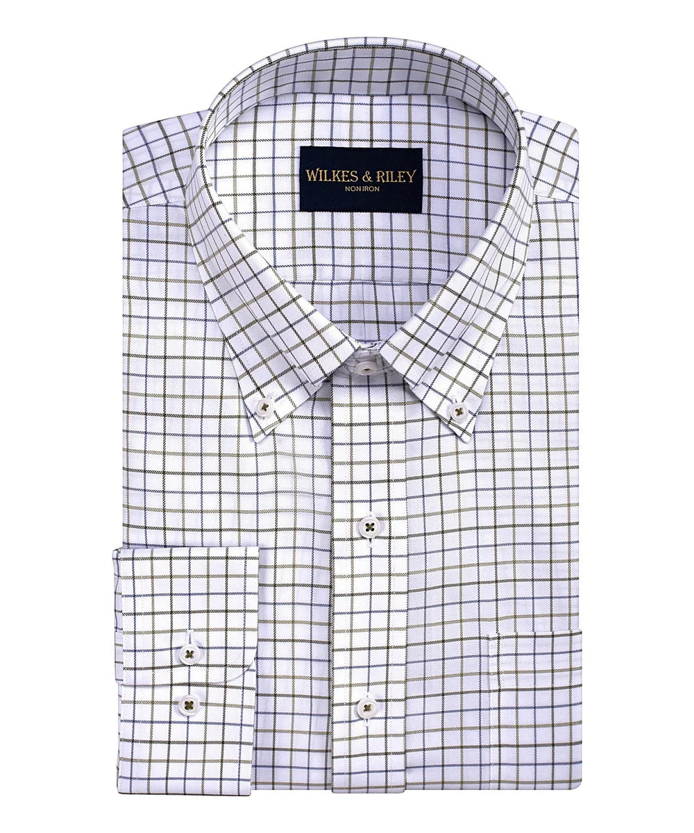 Classic Fit Olive /Navy Twill Check Button-Down Collar Non-Iron Sport Shirt